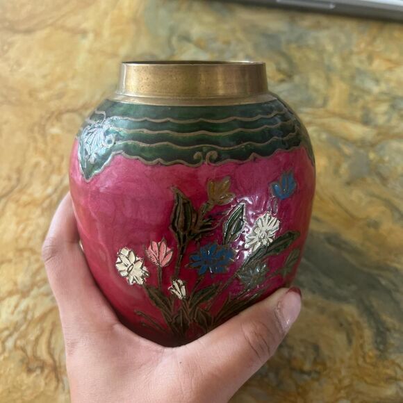 MYSTERY JEWELRY JAR!!! Vintage solid brass floral hand etched painted vase - Picture 1 of 5